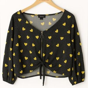 Topshop Yellow Heart Print Zip Front Cropped Blouse Size 10